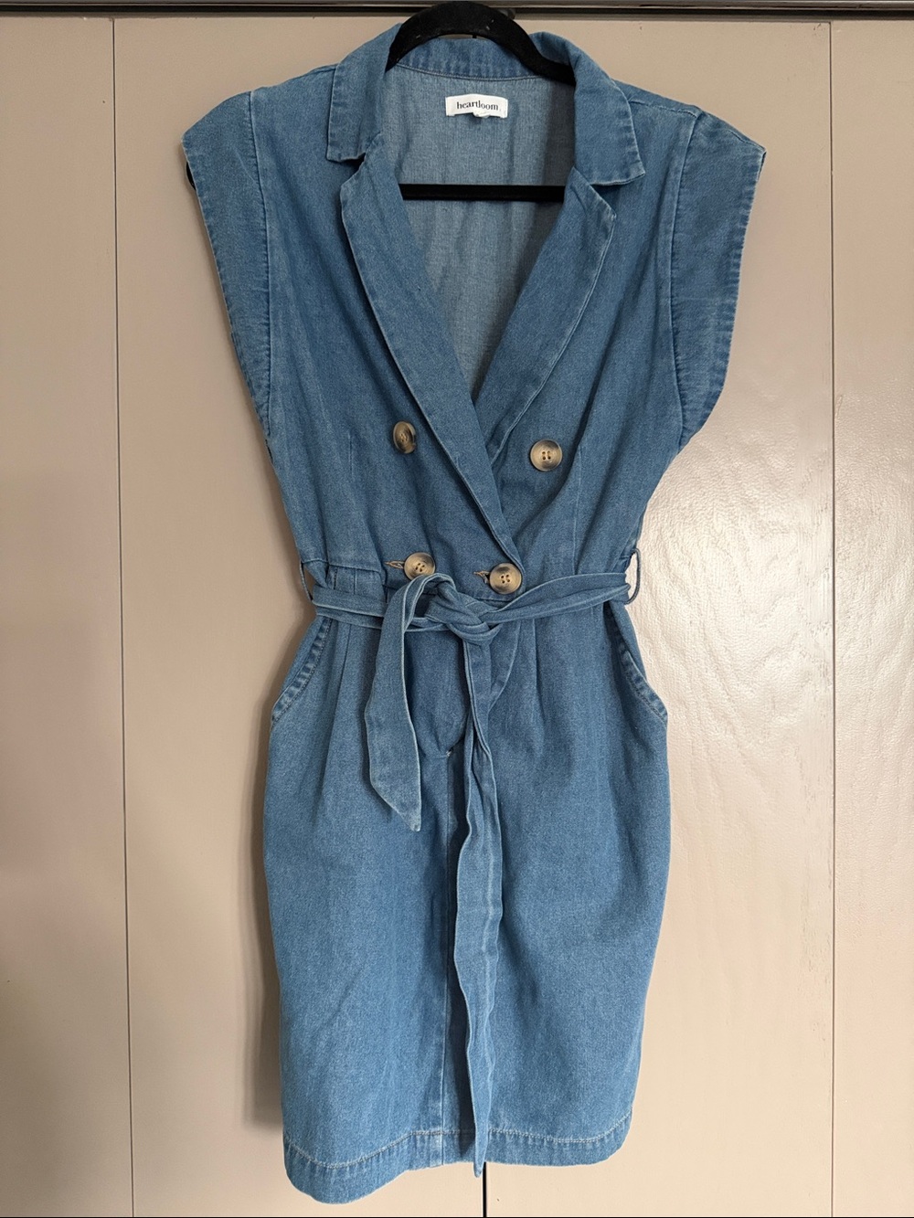 Heartloom Blue Sleeveless Double-Breasted Denim Dress with Tie
